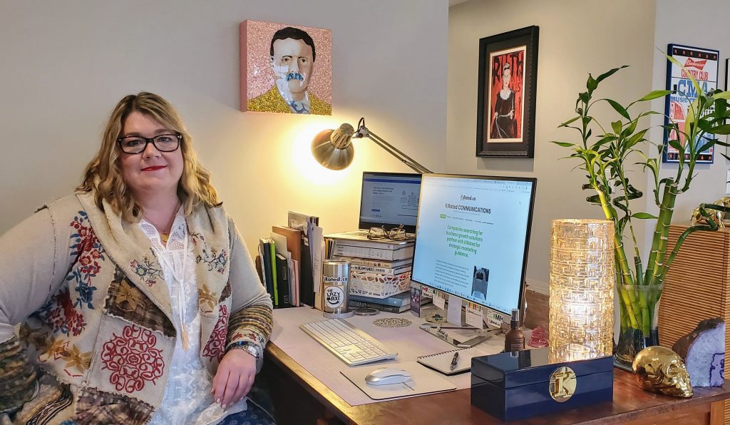 Kirsten Voege of KIRated Communications in her home office. As a consultant Kirsten often WFH in her role as a fractional Chief Marketing Officer, or CMO for hire.