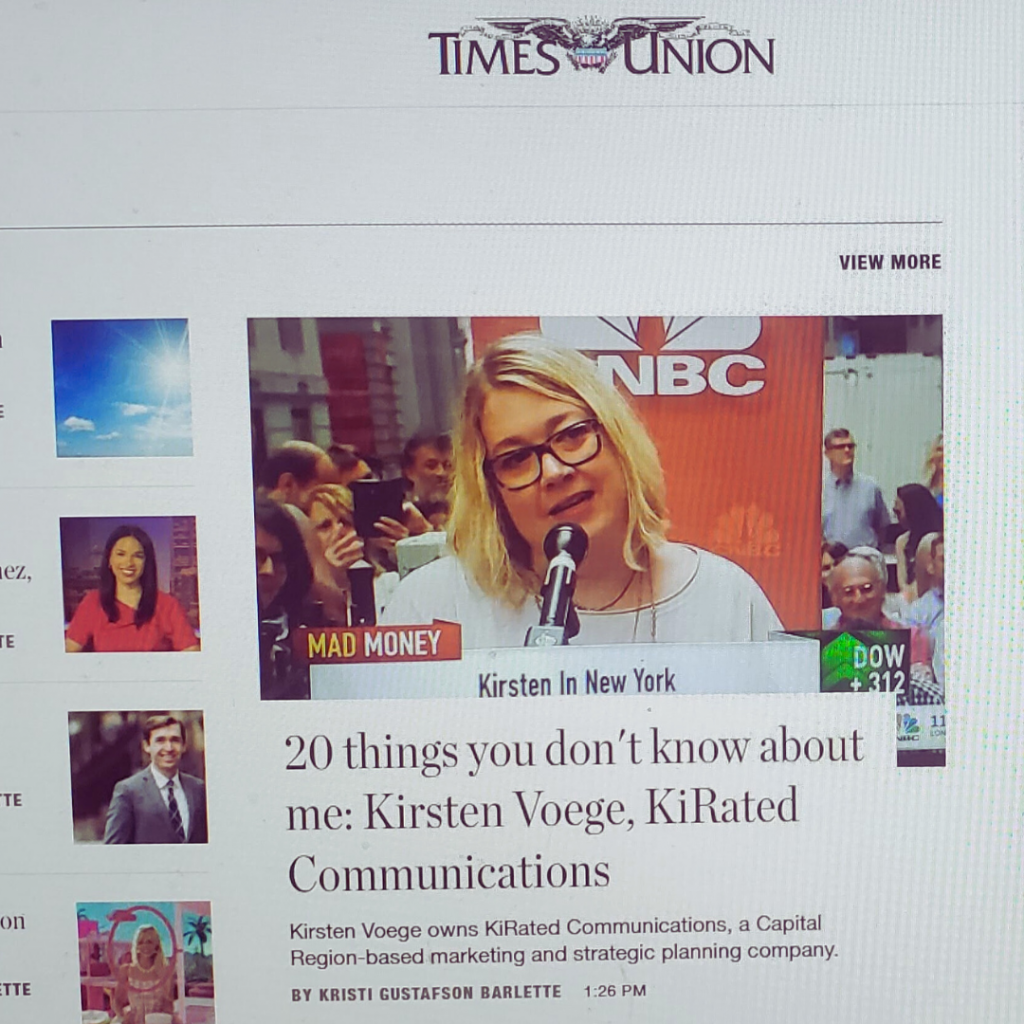 Photo of the Times Union Website showing close up of Kirsten Voege, owner at Kirated Communications featured in 20 Things You Don't Know About Me ....